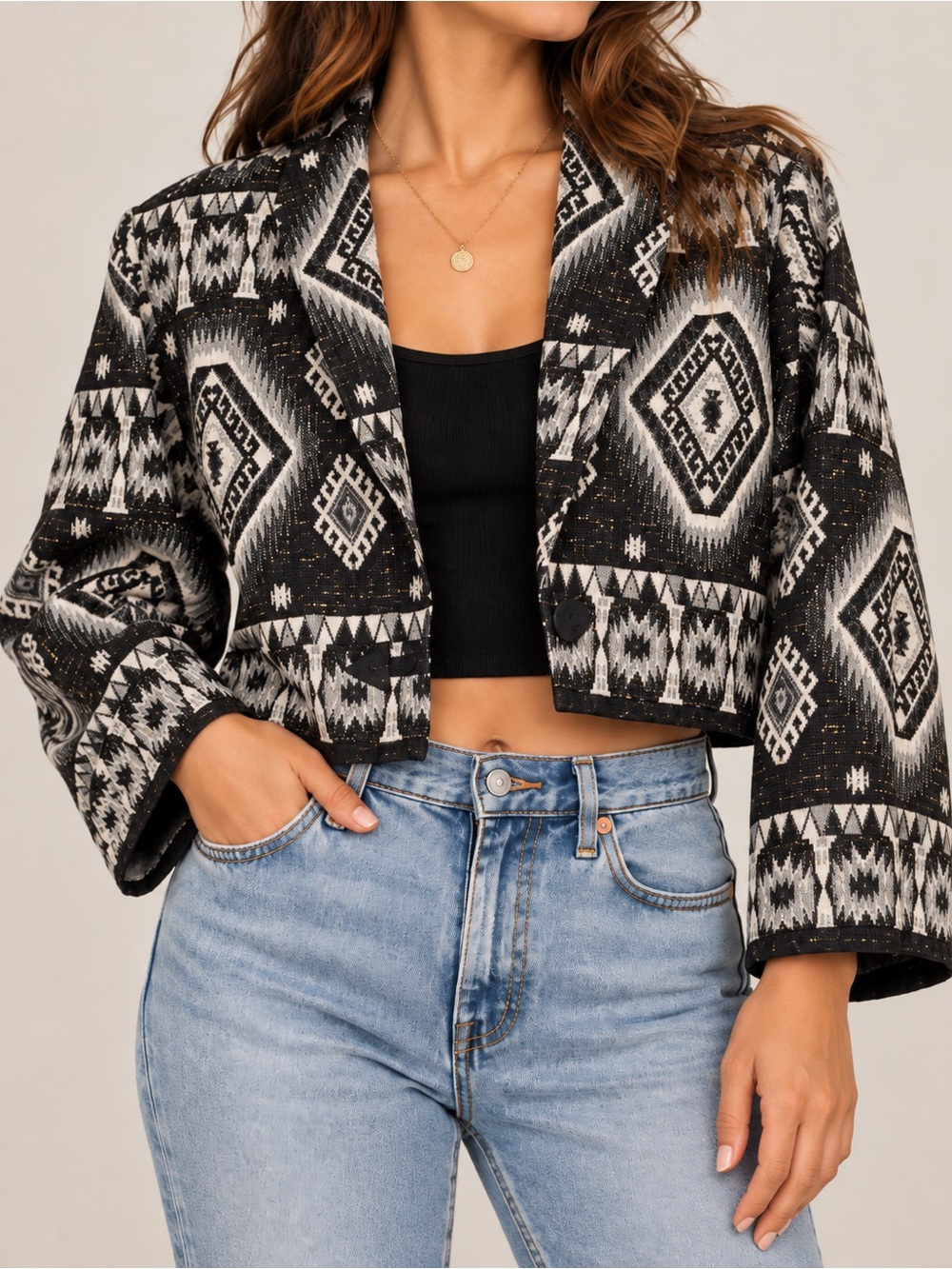 Vintage 90s Flashback Tapestry Jacket S Black White Gold Western Cropped - Picture 3 of 12